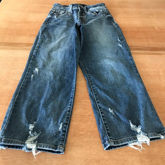 Judy Blue Wide Leg Jean Women 1/25 Blue Button Fly Distressed Mid Rise Stretch - Picture 1 of 14